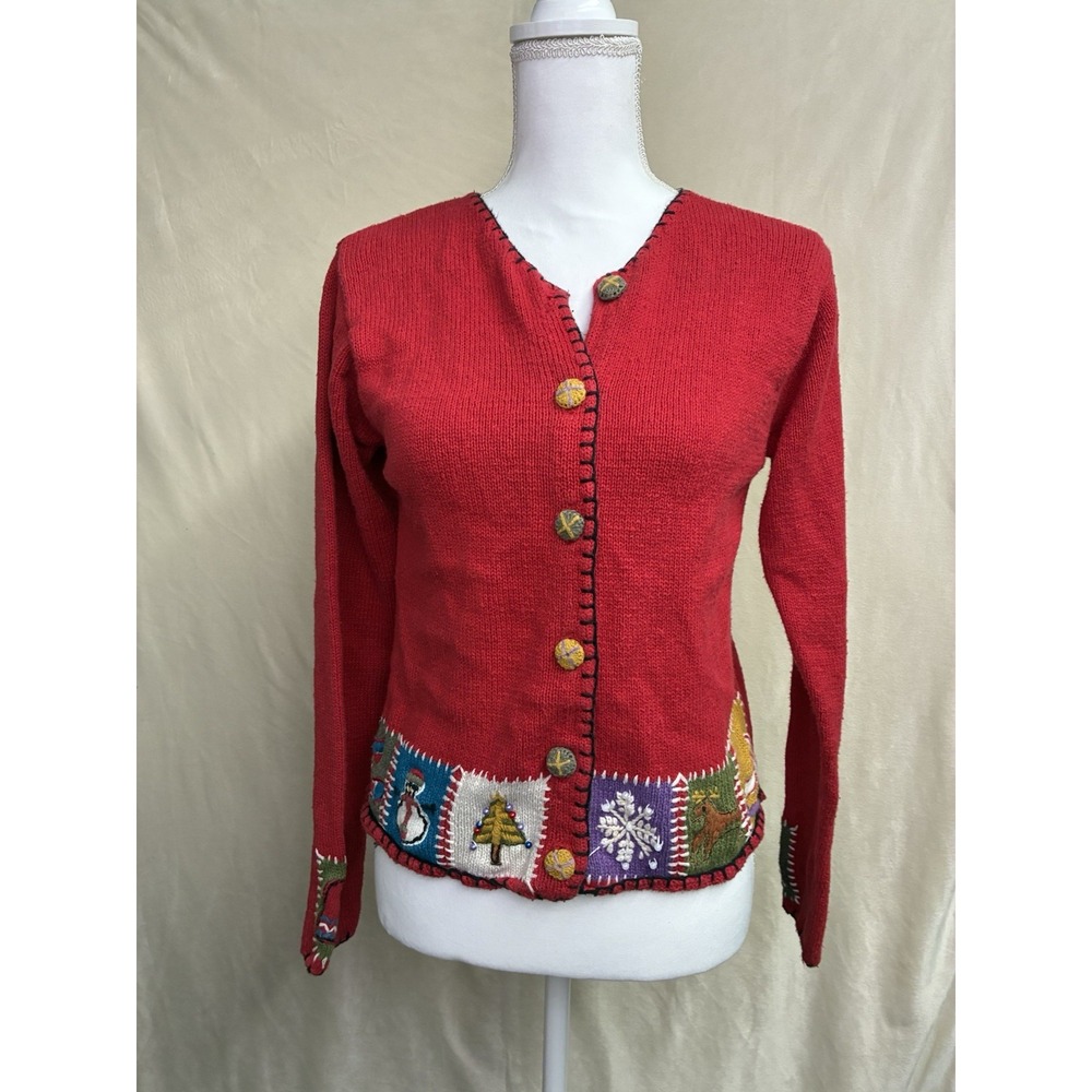 VTG Rebecca Stone Cardigan Sweater S Holiday Christmas Embroidered Patchwork